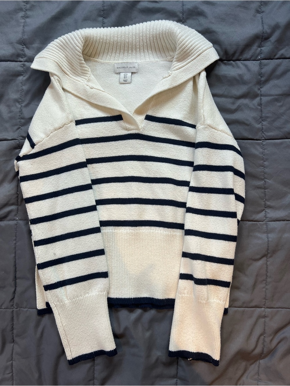 Sincerely Jules Cream & Navy Striped Shawl-Collar Sweater